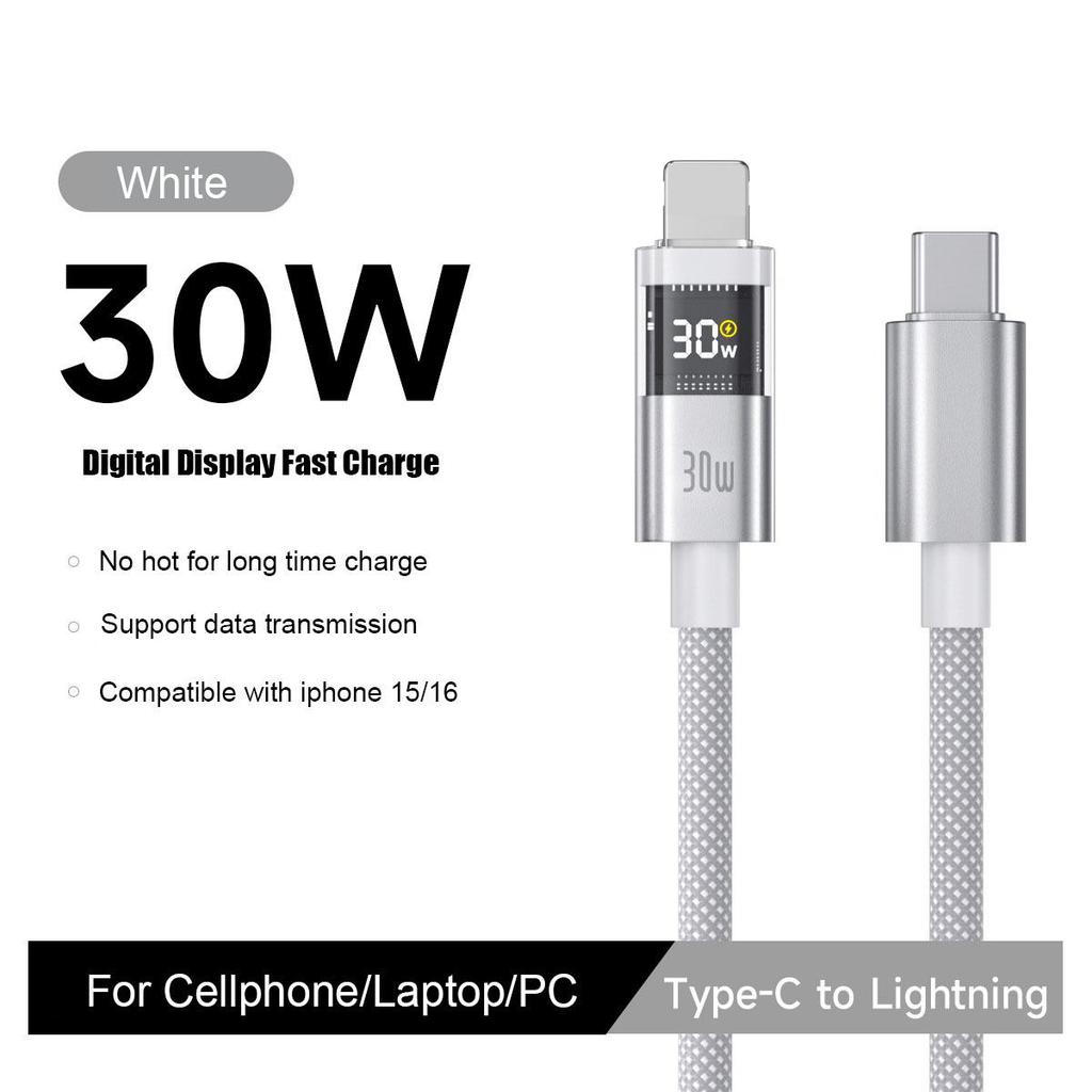 Digitální displej 100W Super nabíjecí kabel Typ-C na Typ-C PD 30W Rychlé nabíjení USB na Typ-C C-C Pro iphone 15 16 Xiaomi Huawei