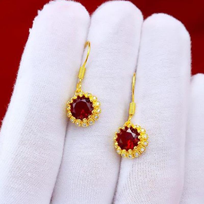 Gold-Plated Brass Sunflower Jewelry Set: Daisy Gemstone Ring, Ruby Micro-Paved Necklace & Earrings for Women