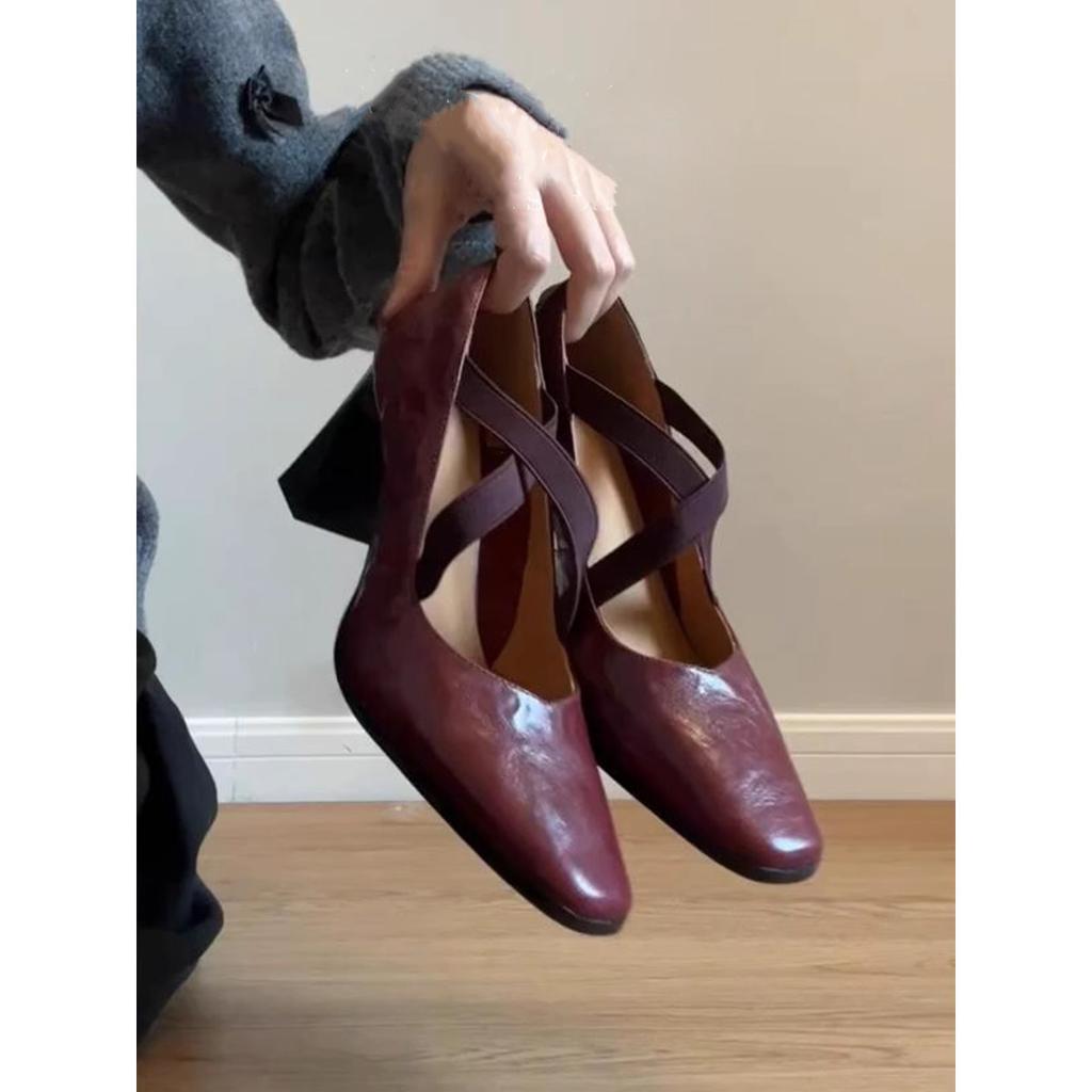 Maillard style premium design cross elastic high heel single shoes light mouth small leather shoes
