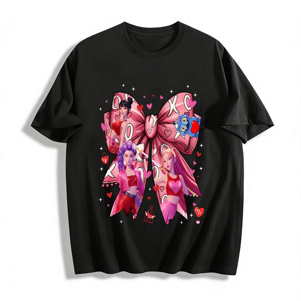 

Valentine s Day XO Print Tee with Anime Girls Graphic, Cute Heart Pattern Casual Top for Women Pure cotton T-shirt XXS