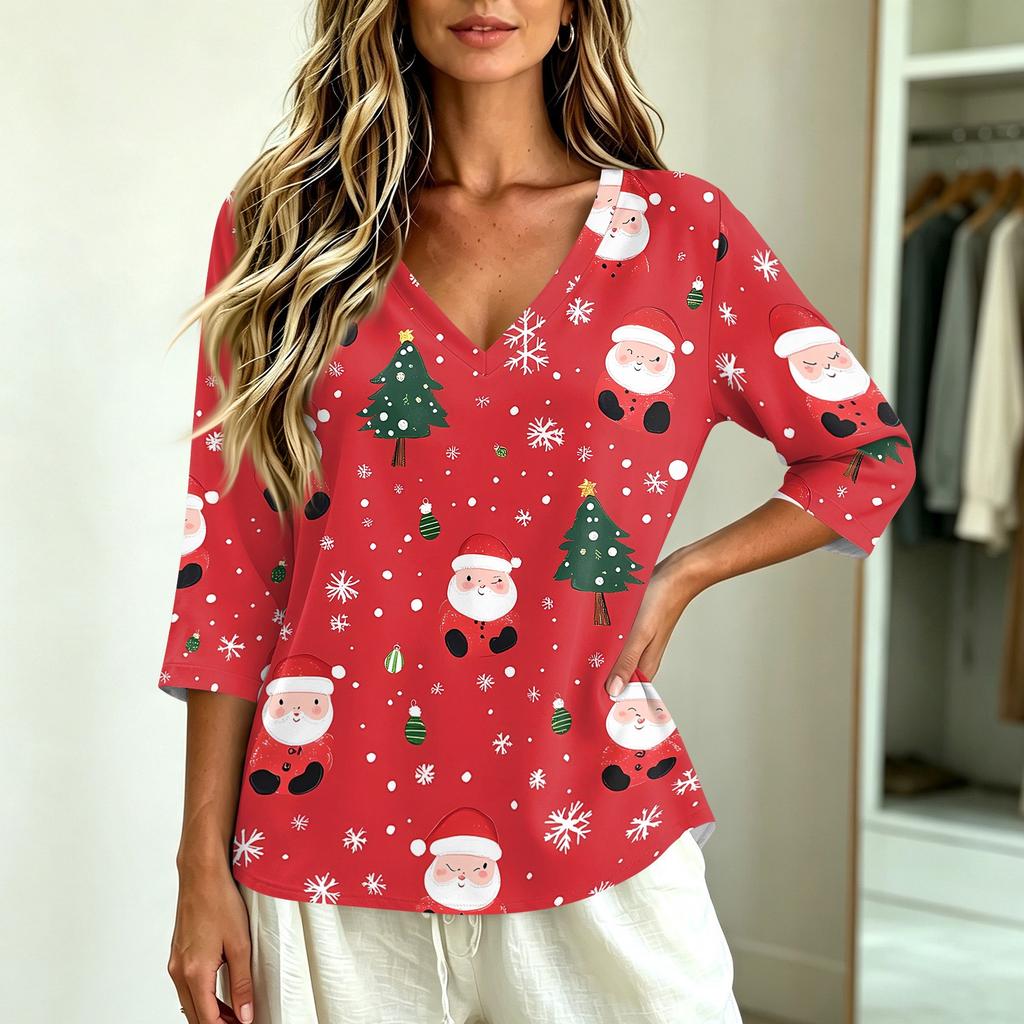 Women's Casual Christmas Print V-Neck Three-Quarter Sleeve T-Shirt Top