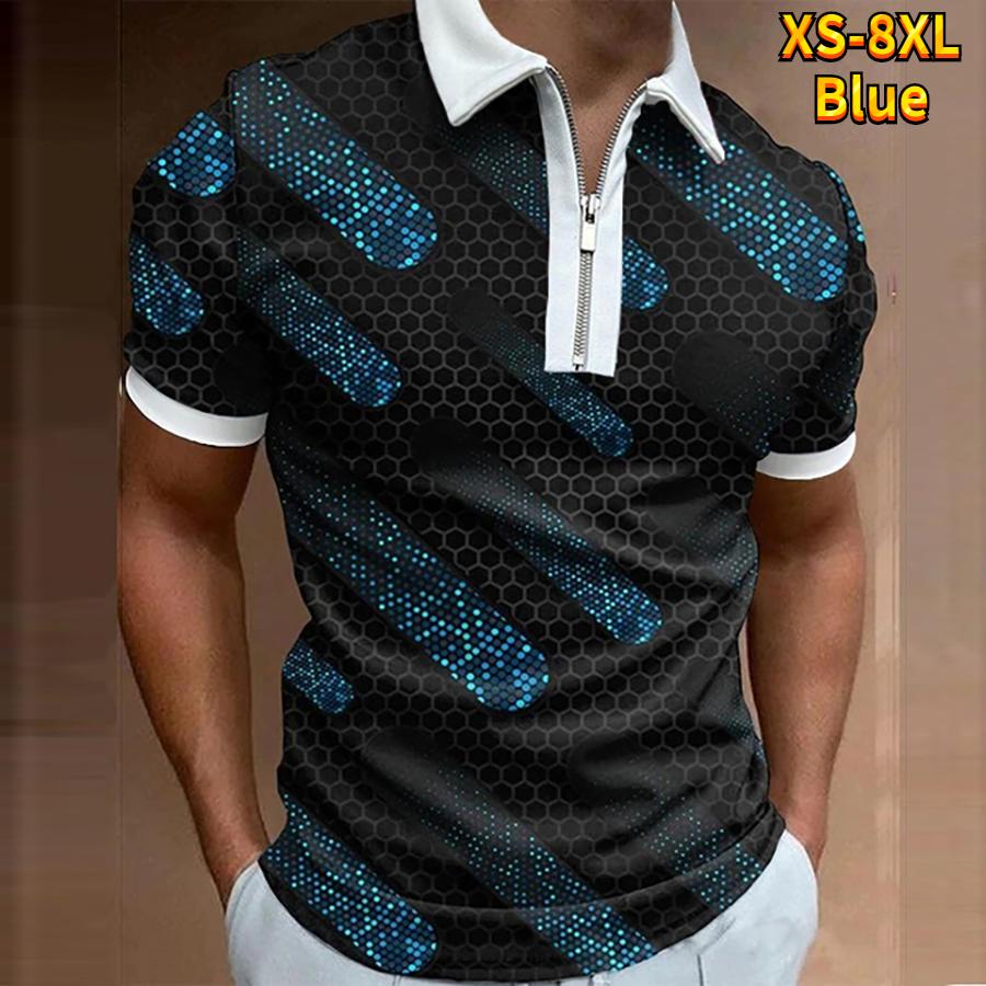

Чоловіча сорочка поло повсякденна на блискавці з коротким рукавом модна повсякденна на блискавці літо весна стандартного крою сорочка з 3D-фрагментами 6XL синій