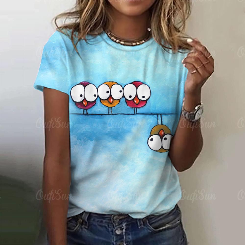 Maglietta da Donna con Grafica di Uccello Cartone Animato Estate Nuova Girocollo Pullover Femminile Ampia Street Maniche Corte T-shirt Moda Abbigliamento da Donna