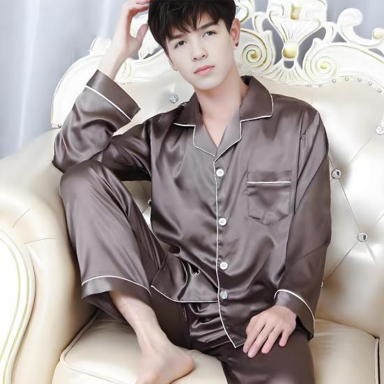 

2 шт./компл. Чоловічий піжамний комплект Лацкан Довгий рукав Однобортні топи Еластична талія Вільні довгі штани Комплект Домашній одяг 3XL чорний