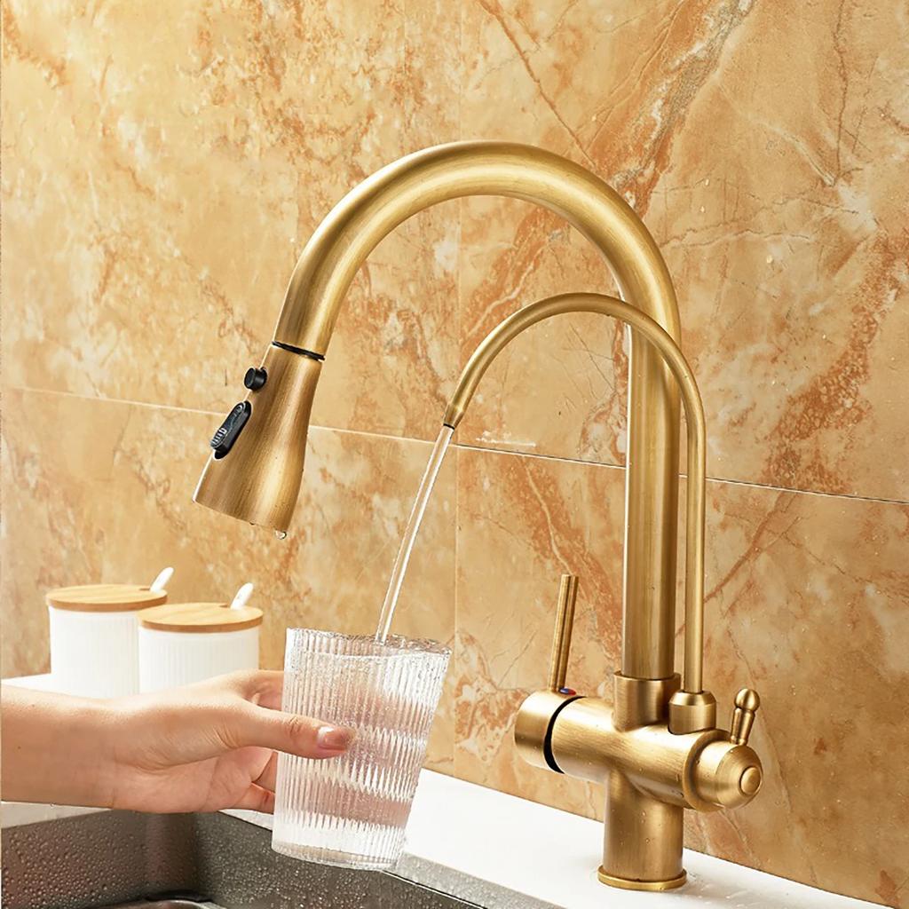 Antique Brass Pull-out Kitchen Faucet Water Purifier Sink Faucet 360° Rotate Hot Cold Drinking Water Filter Kitchen Mixer Taps