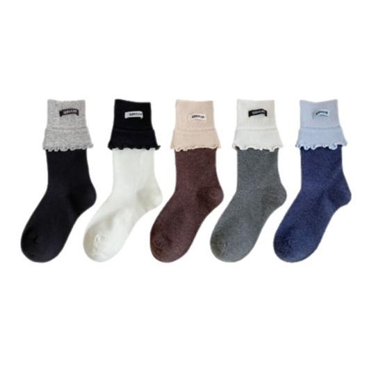 Women's Double-slit Lace Mid-calf Socks, Color-blocked Fabric Label Pile Socks, Four-season Casual Combed Cotton Simple and Trendy Socks