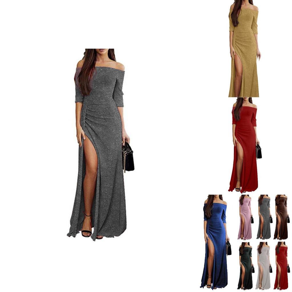 Elegant Women Casual Long Sleeve Patchwork Sequined Off Shoulder Pullover Dress