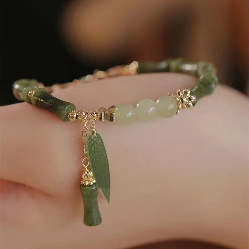 Chinese Style Retro Green Bamboo Joint Beaded Bracelet For Women's Fashion Simple Charm Alloy Leaf Bracelet Jewelry Gift