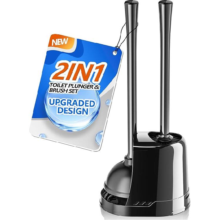 Toilet Plunger and Brush, Bowl Brush and Heavy Duty Toilet Plunger Set with Ventilated Holder, 2-in-1 Toilet Brush and Plunger Combo for 5.3-inch