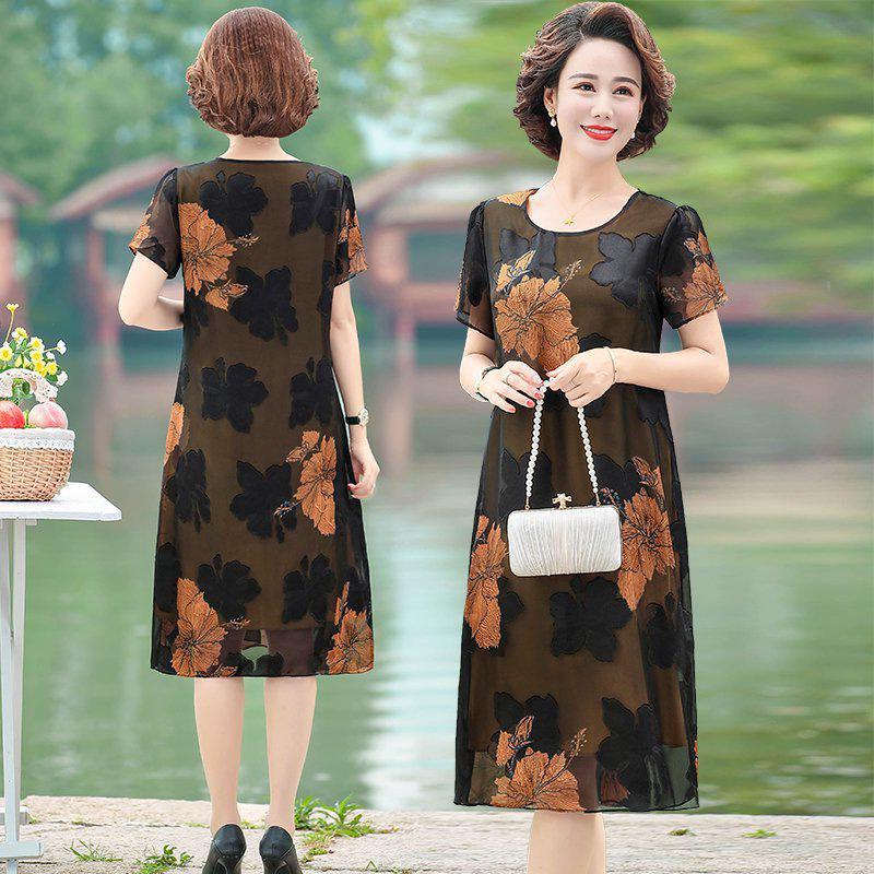 Women's Summer Floral Chiffon Dress - Loose Fit, Plus Size, Slimming, Korean Style for Middle-aged Mothers