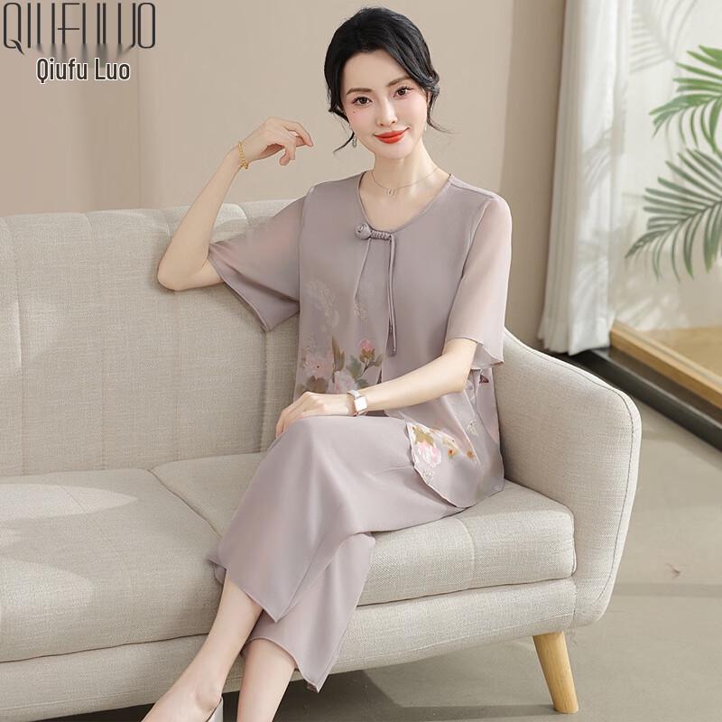 Qiufuro Mid-Aged Women's Chinese Style Chiffon Summer Set