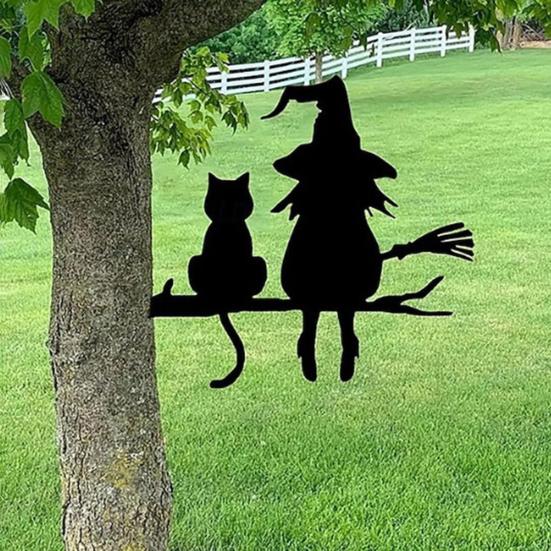 Halloween Garden Stake Witch And Cat Tree Decoration Iron Tree Stake with Pre-drilled Holes for Patio Yard Garden Decor