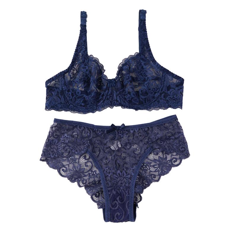 Women's Hollow Non-Padded Underwire Bra Sets 2PCS Sexy Ultra-Thin Lace Push Up Bra Panty Set for Women