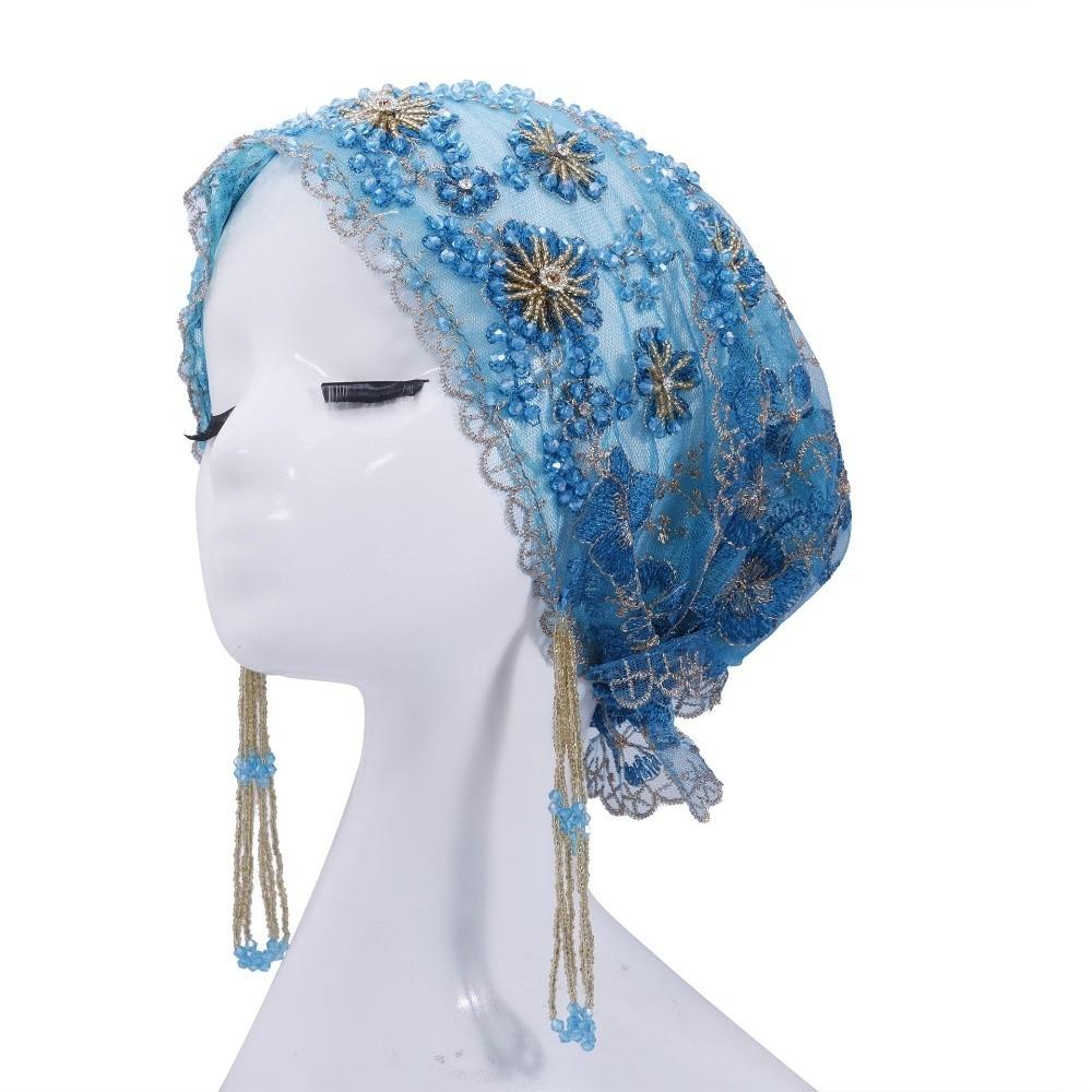 Shiny Beads Fishtail Cap Long Tassel Indian Headscarf Beaded Bonnet Ethnic Festival синий