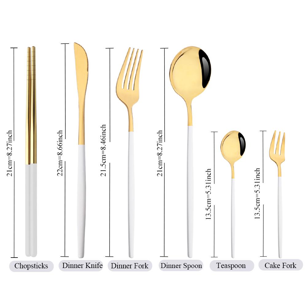 24Pcs White Gold Dinnerware Set Stainless Steel Tableware Knife Fork Spoons Teaspoon Chopsticks Cutlery Set Kitchen Flatware