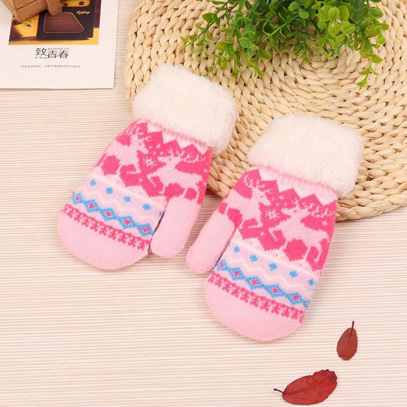 New Children's Children's Warm Gloves Autumn and Winter Piled Thickened Bag Deer Knitted Wool Finger Christmas Gloves