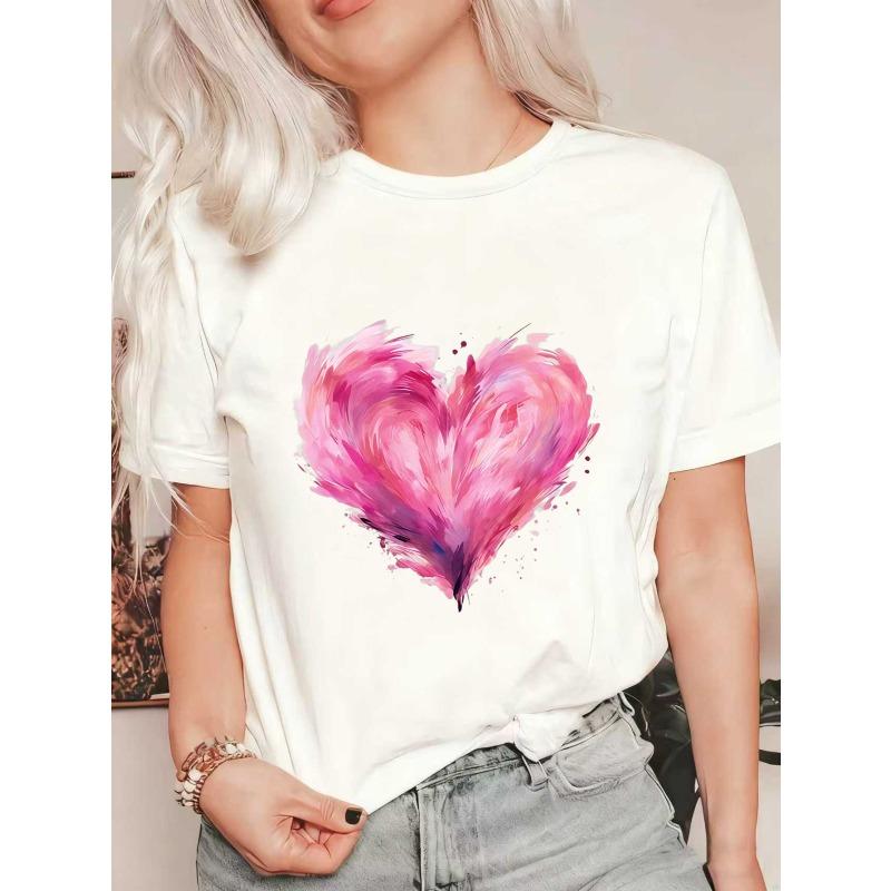 

Oversized T Shirt Black Pink Watercolor Heart Print Casual Wear For Women XXXXL белый