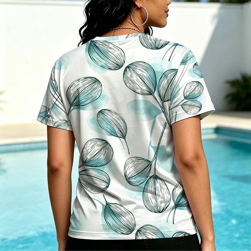 Soft Skin-Friendly Women's T-Shirt: Minimalist Fresh Leaf Pattern, Breathable & Versatile for Daily Casual, Weekend Vacation Wear