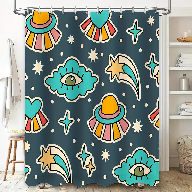 Space Cartoon Shower CurtainOuter Space Decor for Bathroom with Alien Eyes and UFOs Waterproof Fabric in Navy Blue, Yellow, Pink