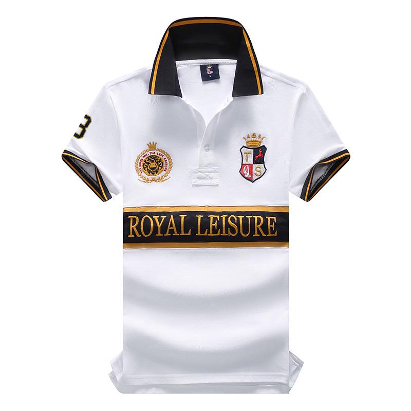 Men's Short-Sleeved Polo - Royal Leisure Sports, Embroidered, Pure Cotton, European Size, Contrast Color Stitching