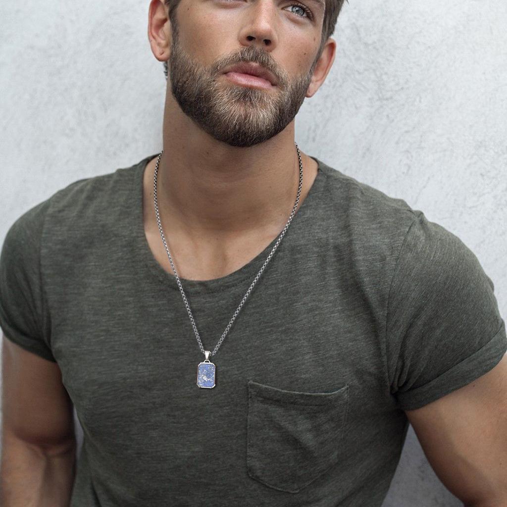 Vnox Simple Geometric Pendant Necklaces For Men Women, Stainless Steel Rectangle Pendant, Natural Stone Collar With Box Chain