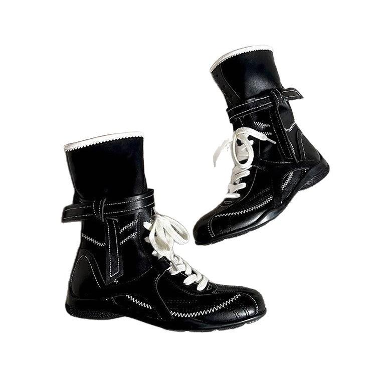 Kuskinnversjon~ Flate bunn innvendig høydeøkning Martin-støvletter dame 2025 nye boksesko matt skinn snørestøvletter tyske treningsstøvletter