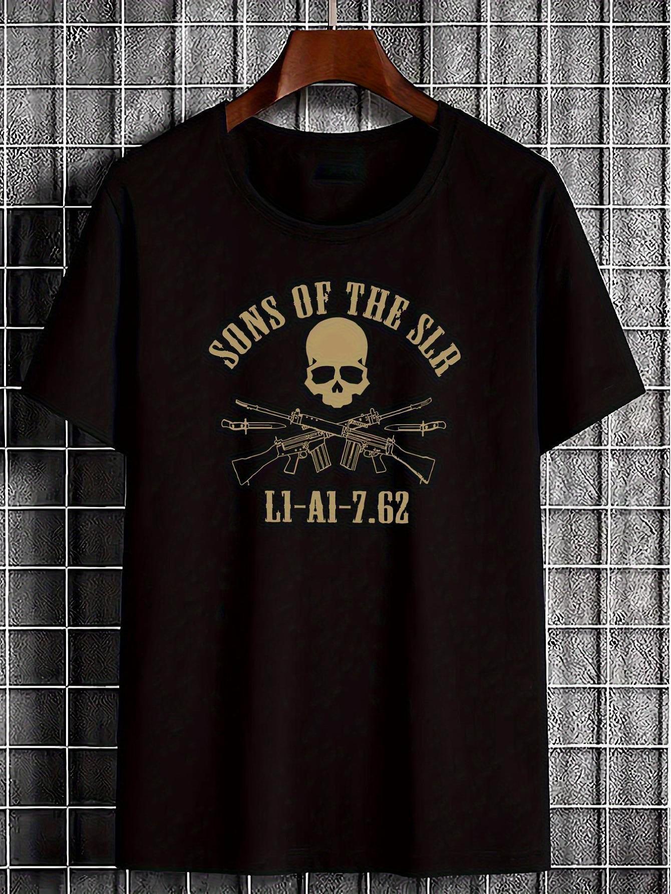 British SLR and FN FAL Graphic T-shirts- Retro Design with Skull and Rifle Prints XXL