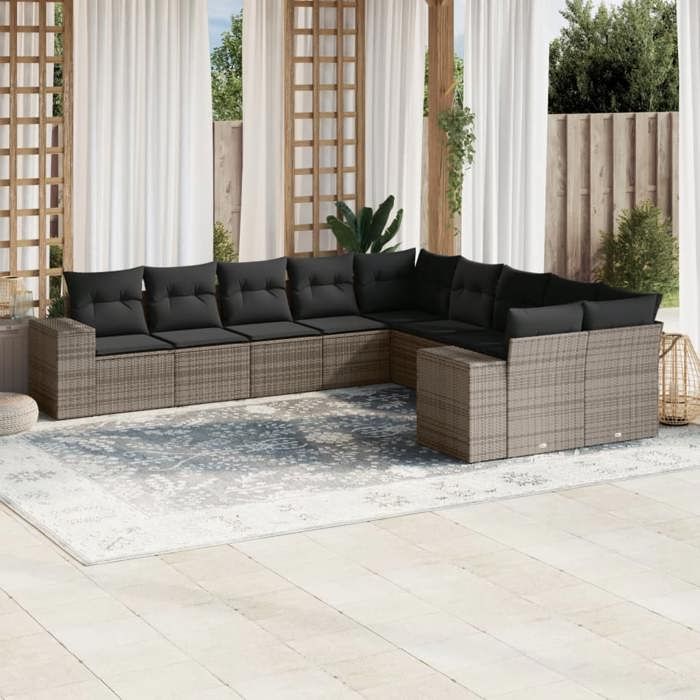 VidaXL Salon de Jardin avec Coussins 10 pcs, Canapés de Terrasse, Ensemble de Meubles de Patio, Mobilier d'Extérieur, Gris 3223109