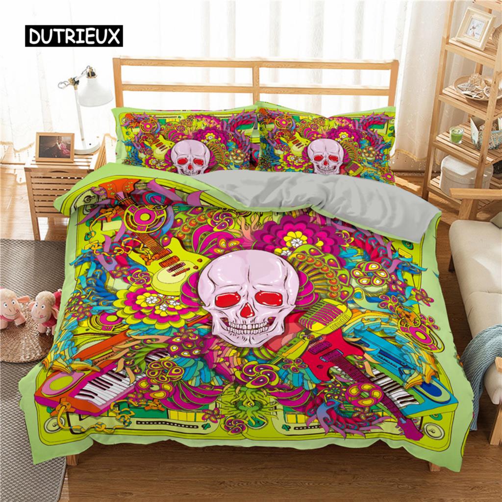 Sugar Skull King Queen Duvet Cover Cartoon Skeleton Blue Car Bedding Set for Teens Adults Halloween Day of The Dead Quilt Cover