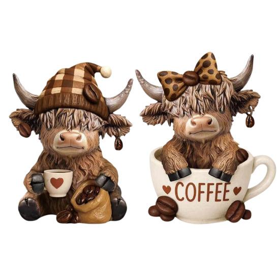 Yousheng 1/2Pcs Coffee Cup Highland Cow Figurine Coffee Bean Highland Cattle Resin Statue Sculpture Decoration Ornament Calf Lovers Gifts