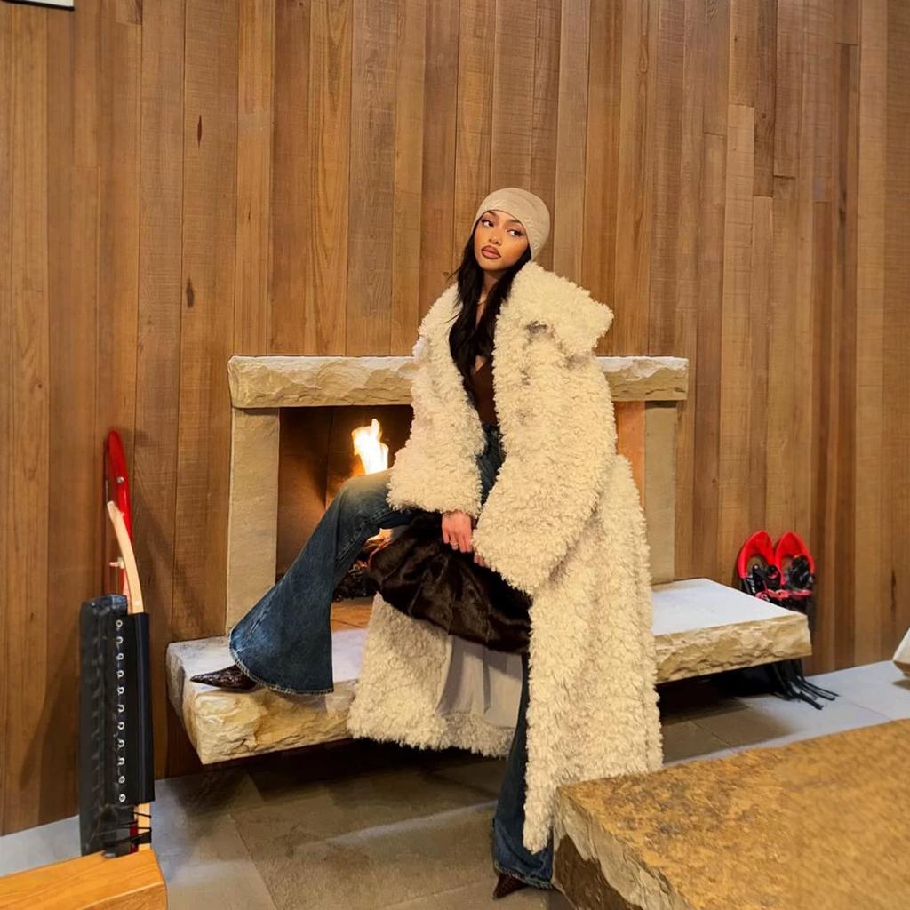Women's New Environmentally Friendly Artificial Fur Coat Extended Belt Lamb Wool Coat