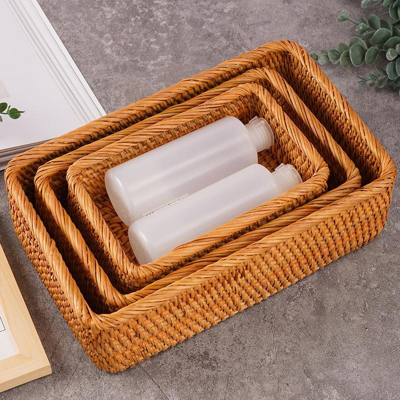 3pcs/set Rattan Storage Basket Organizer Handwoven Home Snack Fruit Tray and Miscellaneous Stackable Woven Basket