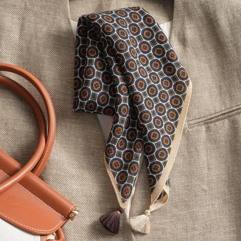 Handmade high-end retro French gemstone silk scarf women's spring and autumn thin cotton and linen small square scarf scarf double-sided scarf