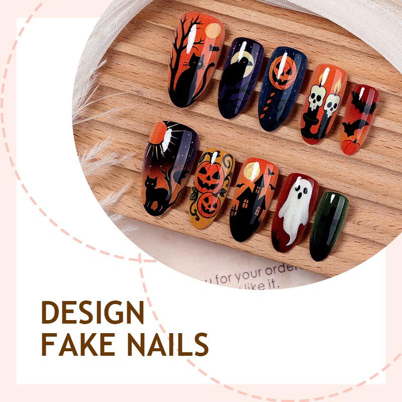 Halloween Pumpkin Ghost Black Cat Almond Press On Nails, Gothic Witch House Bat Reusable False Nail Kit with Adhesive Tabs Nail File