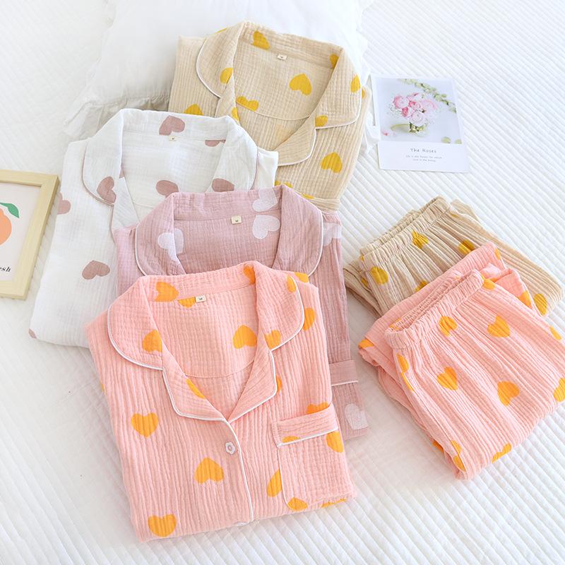 Love crepe lapel pajamas women's spring and summer thin long-sleeved cardigan set large size loose and comfortable loungewear