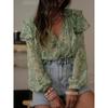 New Arrival Women's Botanical Print Off-Shoulder V-Neck Long-Sleeved Patchwork Ruffled Oversized Shirt