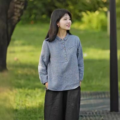 Designově citlivá košile s dlouhým rukávem Přírodní bavlna Len Jednobarevná Volná Literární Jaro Podzim Nový styl Košile Základní outfit pro ženy