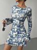 2025 Spring/Summer Women's Printed Flared Sleeve Backless Mesh Dress