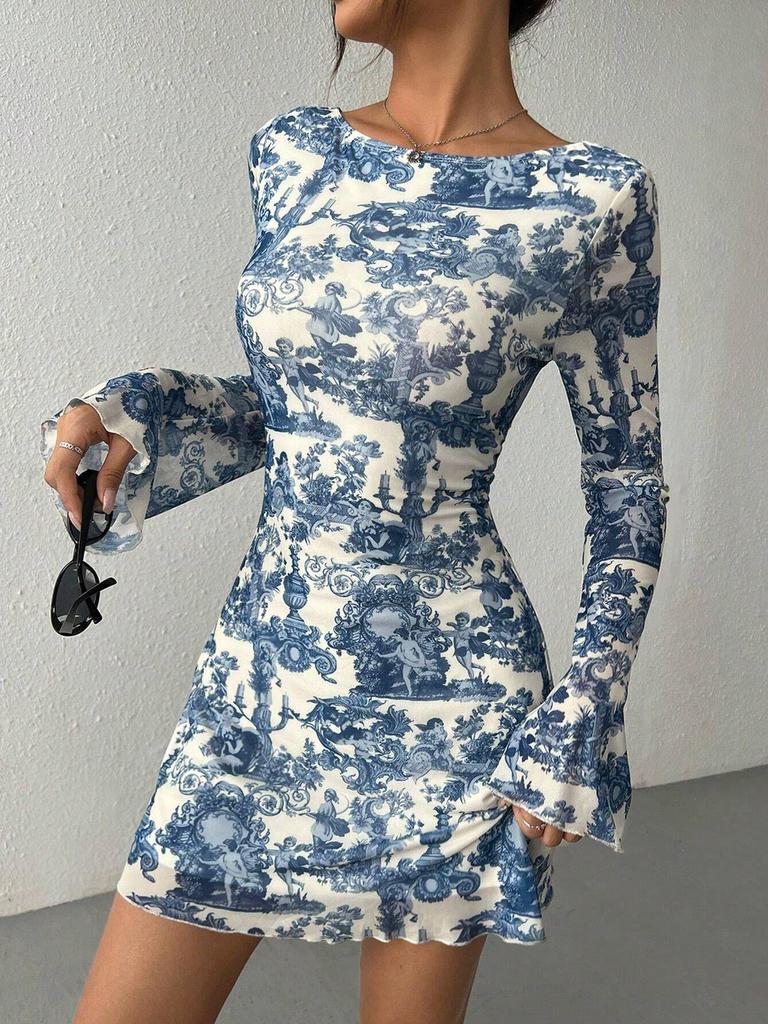 2025 Spring/Summer Women's Printed Flared Sleeve Backless Mesh Dress