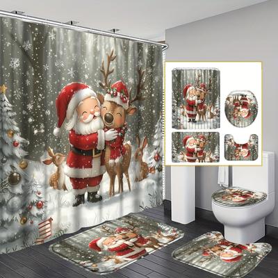 4Pcs Bathroom Shower Curtain Set Red Christmas Santa Claus  Pattern Bathroom Curtain With 12 Hooks Non Slip Rugs Toilet Cover Mat Bathroom Partition