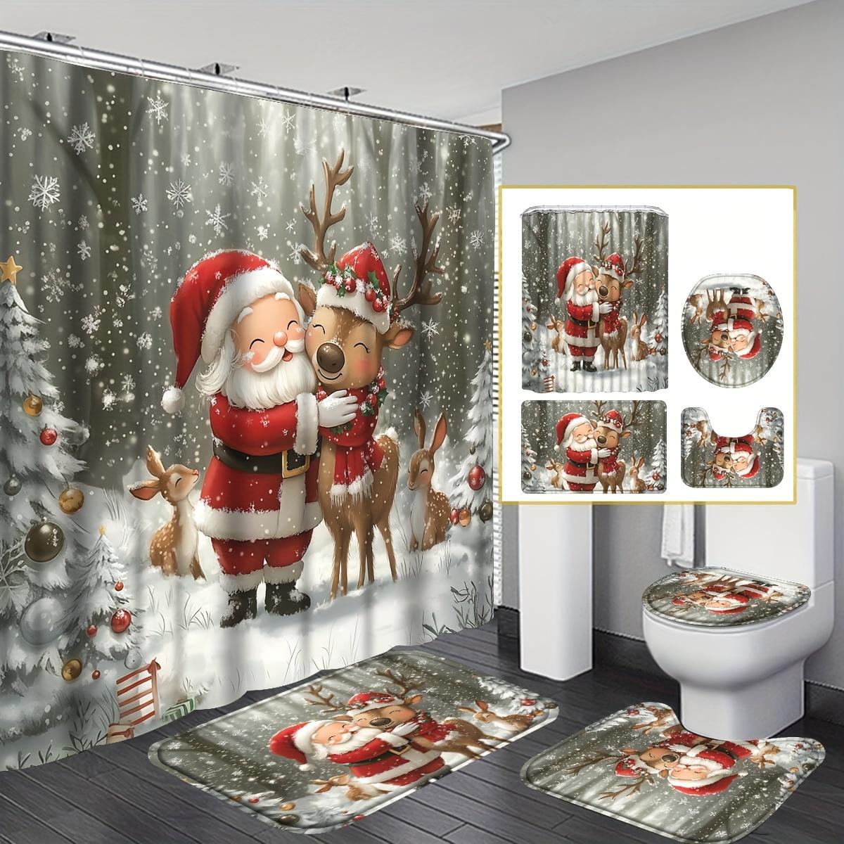 

Набор из 4 предметов: шторка для душа для ванной, красная, с рождественским узором Санта-Клауса, занавеска для ванной с 12 крючками, нескользящие коврики, коврик для крышки унитаза, перегородка для ванной 4Pcs