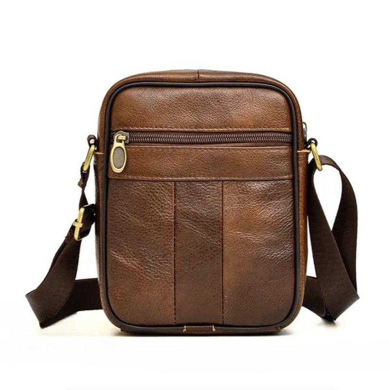 Retro pánská crossbody taška z pravé kůže, Malá taška přes rameno s více zipy na telefon, peněženku, pro každodenní cestování