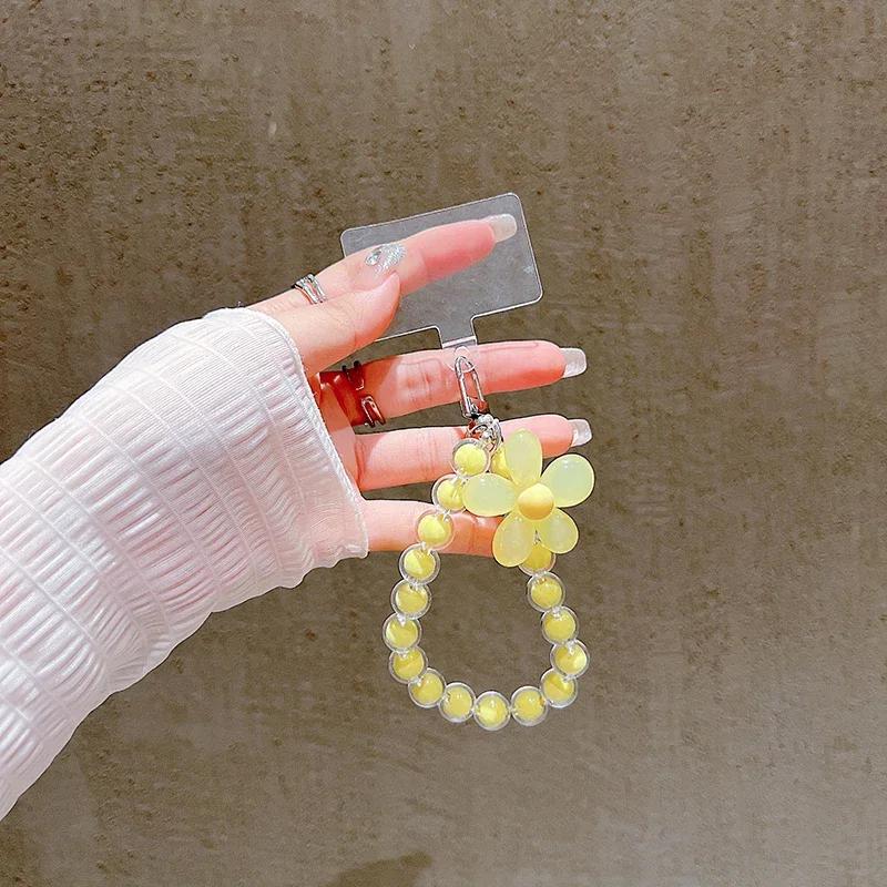 Colorful Lanyard Bow Heart Beaded Bracelet Flower Phone Charm Pearl Mobile Phone Wrist Strap Crystal Anti-Lost Chains 1