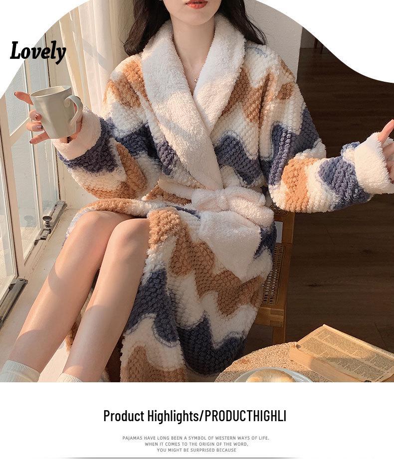 Autumn/Winter Women's Coral Fleece Bathrobe: V-neck, Belted, Long Sleeves, Mid-length, Sweet Style, Warm Homewear.