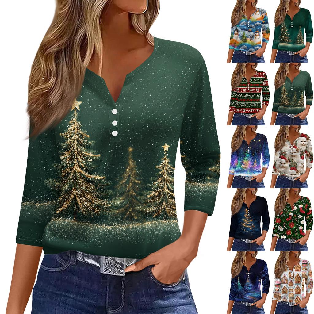 Women's Casual Fashion V-neck Loose Versatile Christmas Print Three-quarter Sleeve Top