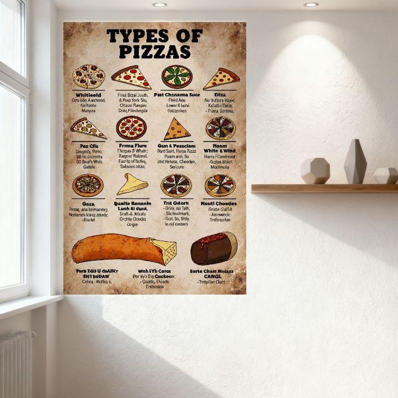 Vintage Types of Pizzas Metal Tin Sign - Retro Aged Poster Wall Decor with Pizza Illustrations & Descriptions for Home Bar Cafe