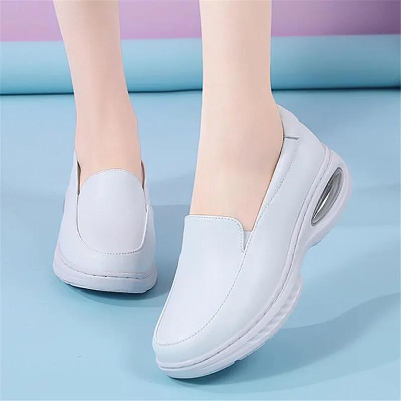 Genuine Leather Women Loafers Wedge Air Cushion Casual Walking Shoes Nurse Work Flats Breathable Comfort Nursing Shoes Soft Sole