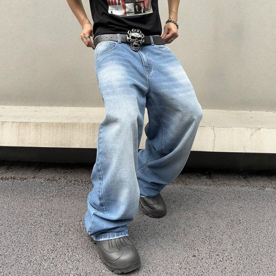 Summer new beard men's straight loose wide-leg American retro high-end jeans