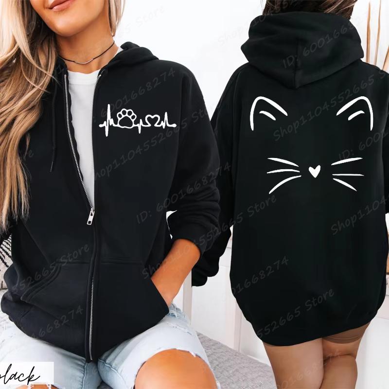 Women Zipper Hoodies Autumn Winter New Cute Cat Heatbeat Line Print Hoodies Streetwear Women Zip Up Jacket Coat Clothing