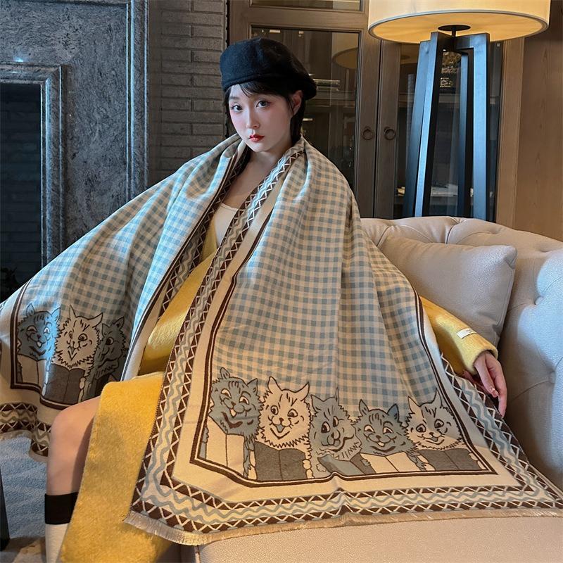 New Cat Imitation Cashmere Scarf Women's Winter Double-sided Plaid Warm Scarf Shawl with Light Luxury